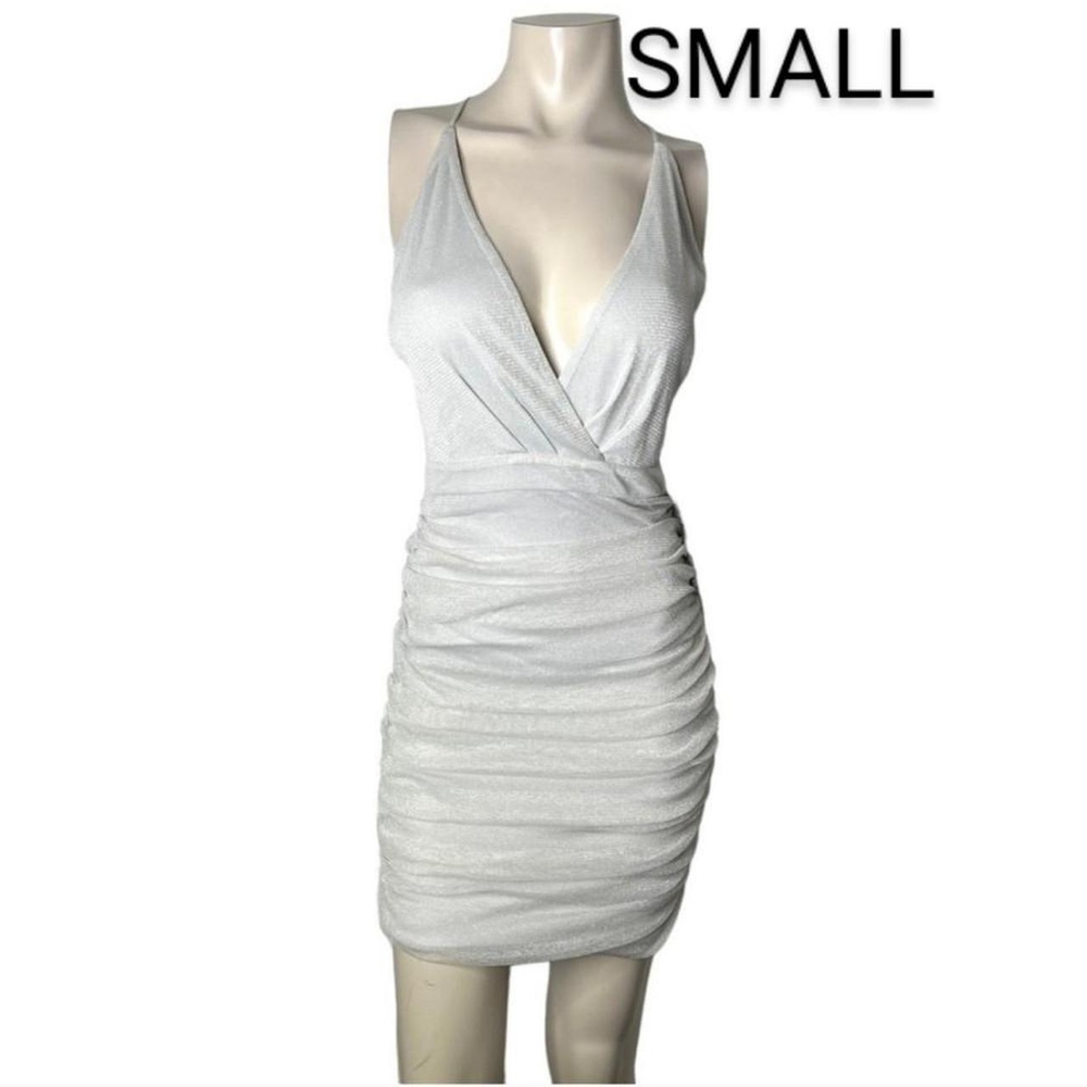 🆕Silver Metallic Thread Cami Low Cut Ruched Open Back Mini Nylon Dress~Size S